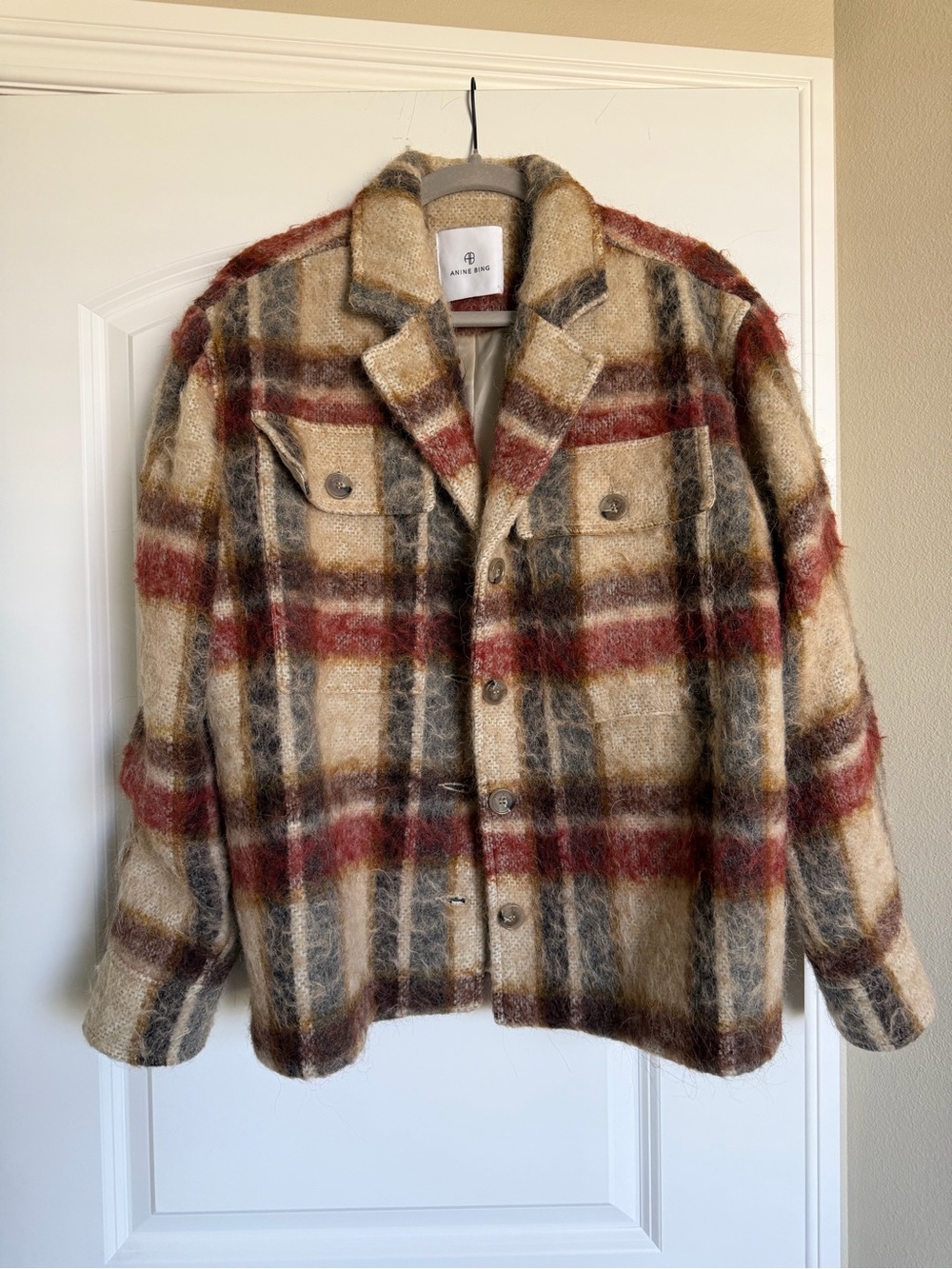 Anine Bing Plaid Wool-Blend Shacket in Beige, Red & Gray